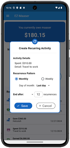 EZ-Maaser Recurring Activity Screen
